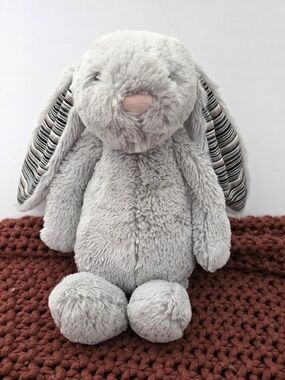 Jellycat Plush Bashful Blake Rare Stuffed Animal Bunny Rabbit Striped Ears Gray